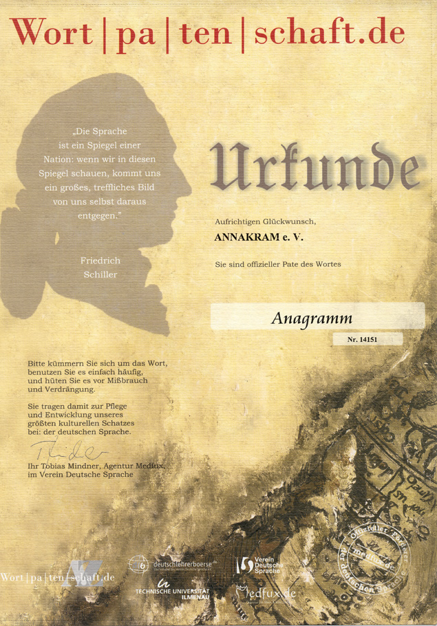 Urkunde für die Wortpatenschaft zum Wort 'Anagramm'.